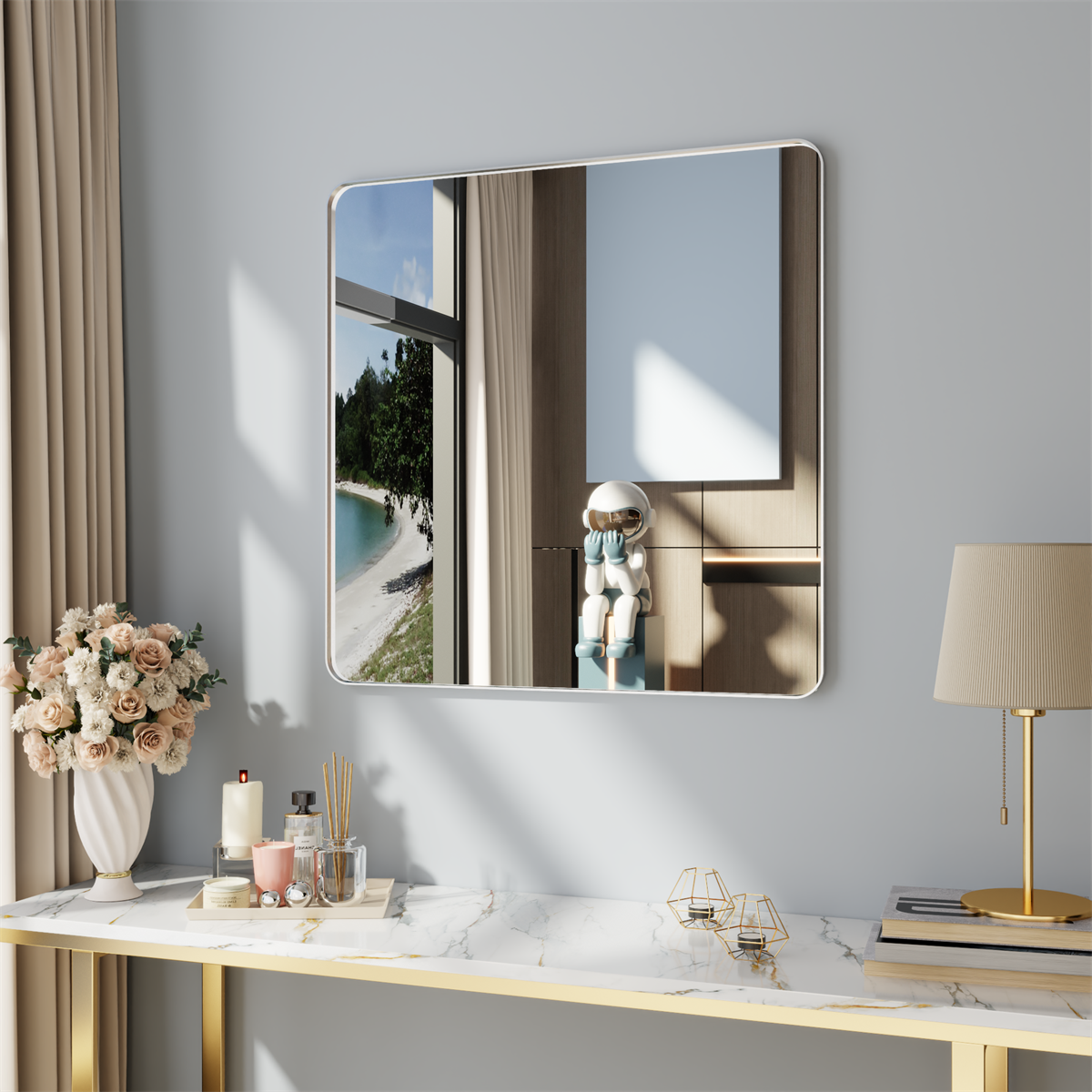 Noir 36" x 36" Silver Framed Rectangular Bathroom Mirror