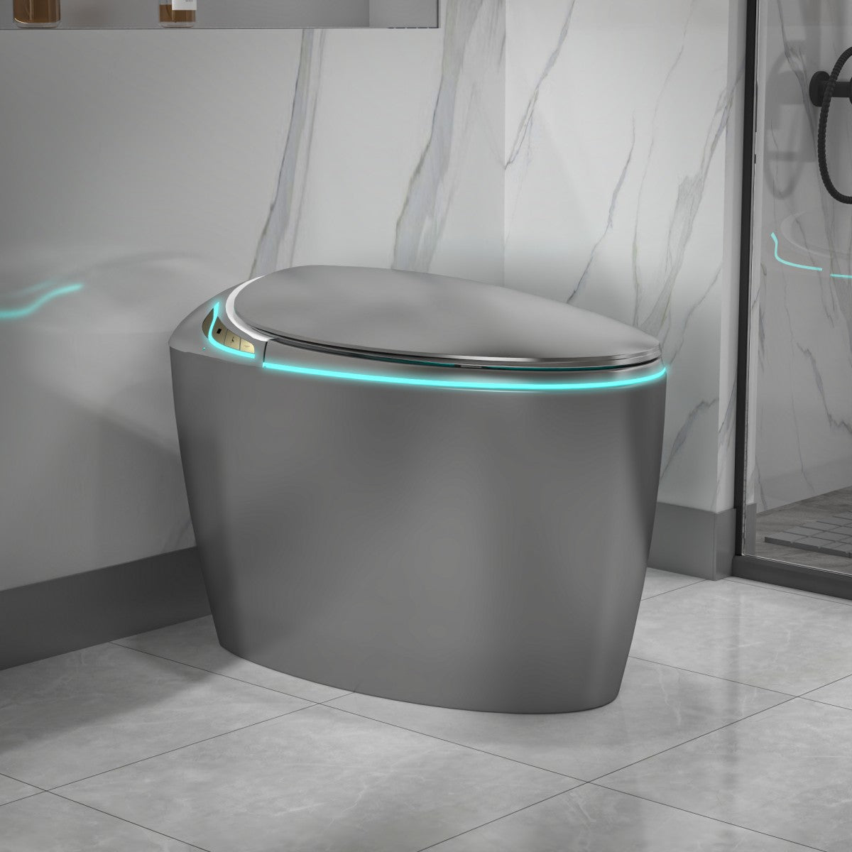 EP Exbrite Unique Smart Toilet with Bidet Built In, Intelligent One Piece Toilet For Modern Bathroom, Auto Open/Close Seat, Foot Sensor, LED Display,Night Light, Warm Water & Dryer,Grey