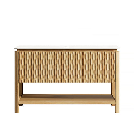 Exbrite 48'' Freestanding Cabinet with 3 Doors&Open Shelf, Carrara White Sintered Stone Top, NO Basin, NO Faucet and Drain, Woodgrain Color|SHARMA