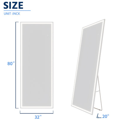 Nivor 80"x32" Dimmable LED Full-Length Floor Framed Mirror with Stand, 3-Color Lights & Wall-Mount Option