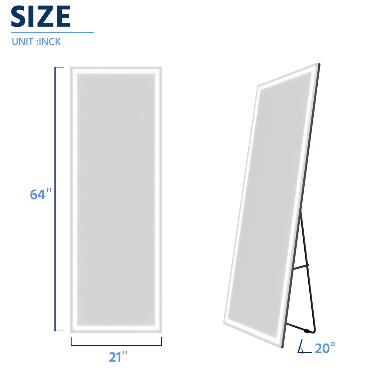 Nivor 64"x21" Dimmable LED Full-Length Floor Framed Mirror with Stand, 3-Color Lights & Wall-Mount Option