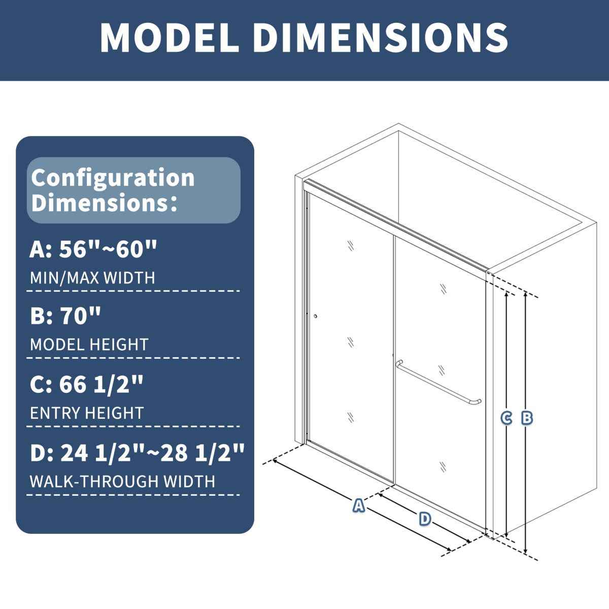 Sliding glass shower doors with chrome frame, clear glass; dimensions 56-60" W x 70" H, diagram showing configuration and measurement details.