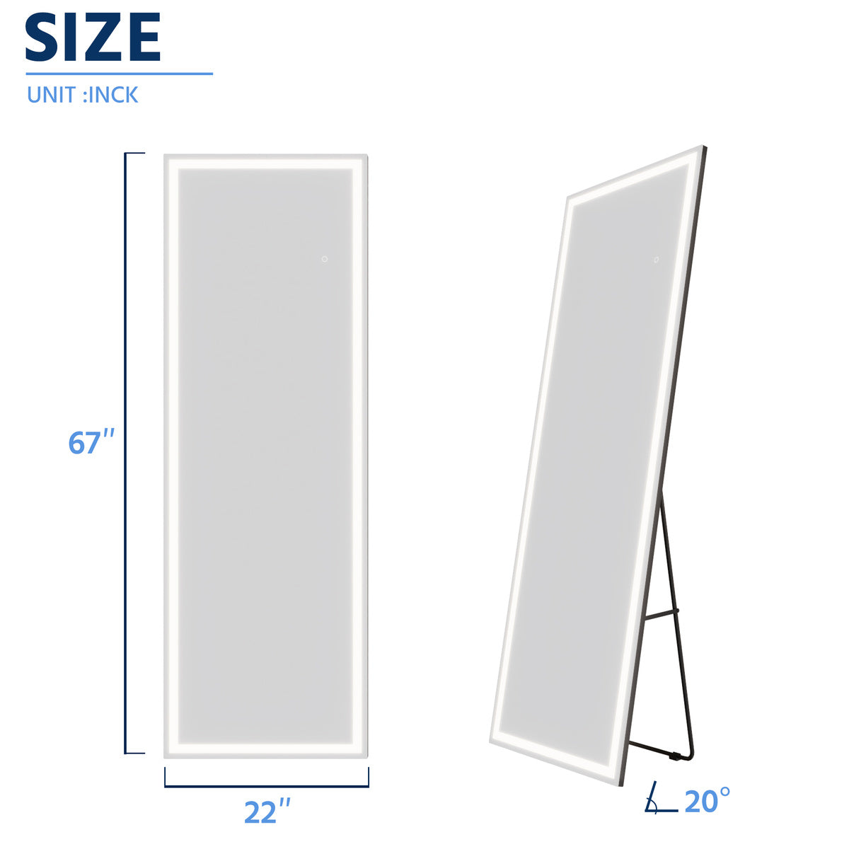 Nivor 67"x22" Dimmable LED Full-Length Floor Framed Mirror with Stand, 3-Color Lights & Wall-Mount Option