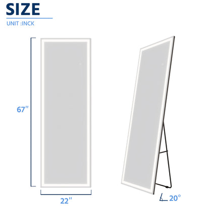 Nivor 67"x22" Dimmable LED Full-Length Floor Framed Mirror with Stand, 3-Color Lights & Wall-Mount Option