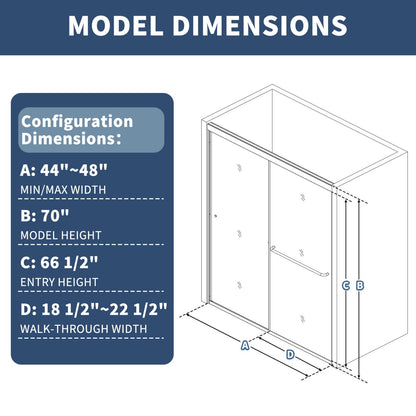 Glide 44-48" Wide x 70" High Sliding Glass Shower Doors Frame in Black,Clear Tempered Glass