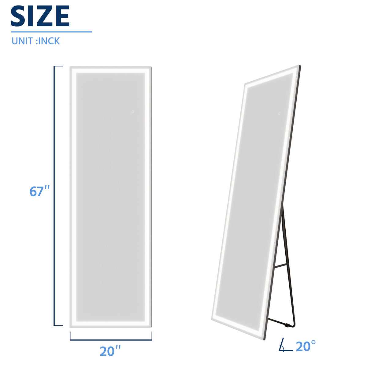 Nivor 67"x20" Dimmable LED Full-Length Floor Framed Mirror with Stand, 3-Color Lights & Wall-Mount Option