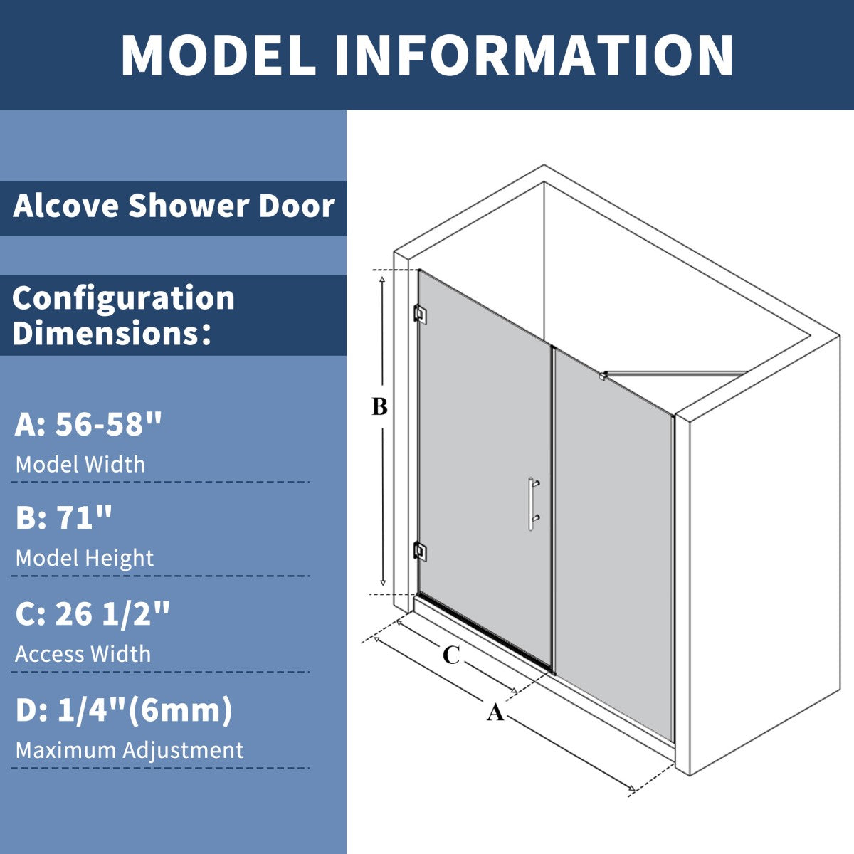Valor-W Allsumhome 56-58"Wx71"H Semi-Frameless Pivot Glass Shower Door,Pivot Shower Door,SGCC Tempered Glass,Matte Black,Reversible Installation