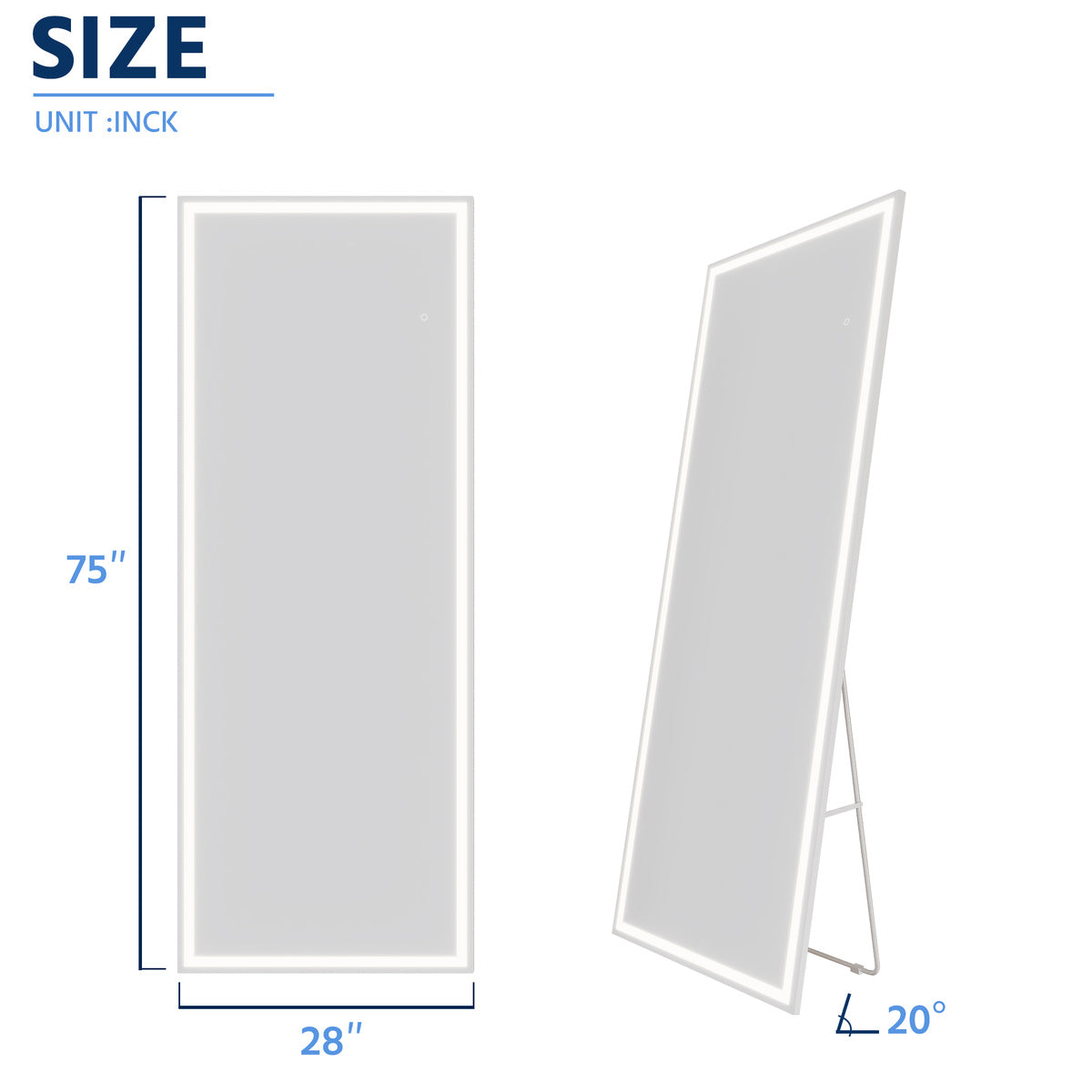 Nivor 75"x28" Dimmable LED Full-Length Floor Framed Mirror with Stand, 3-Color Lights & Wall-Mount Option