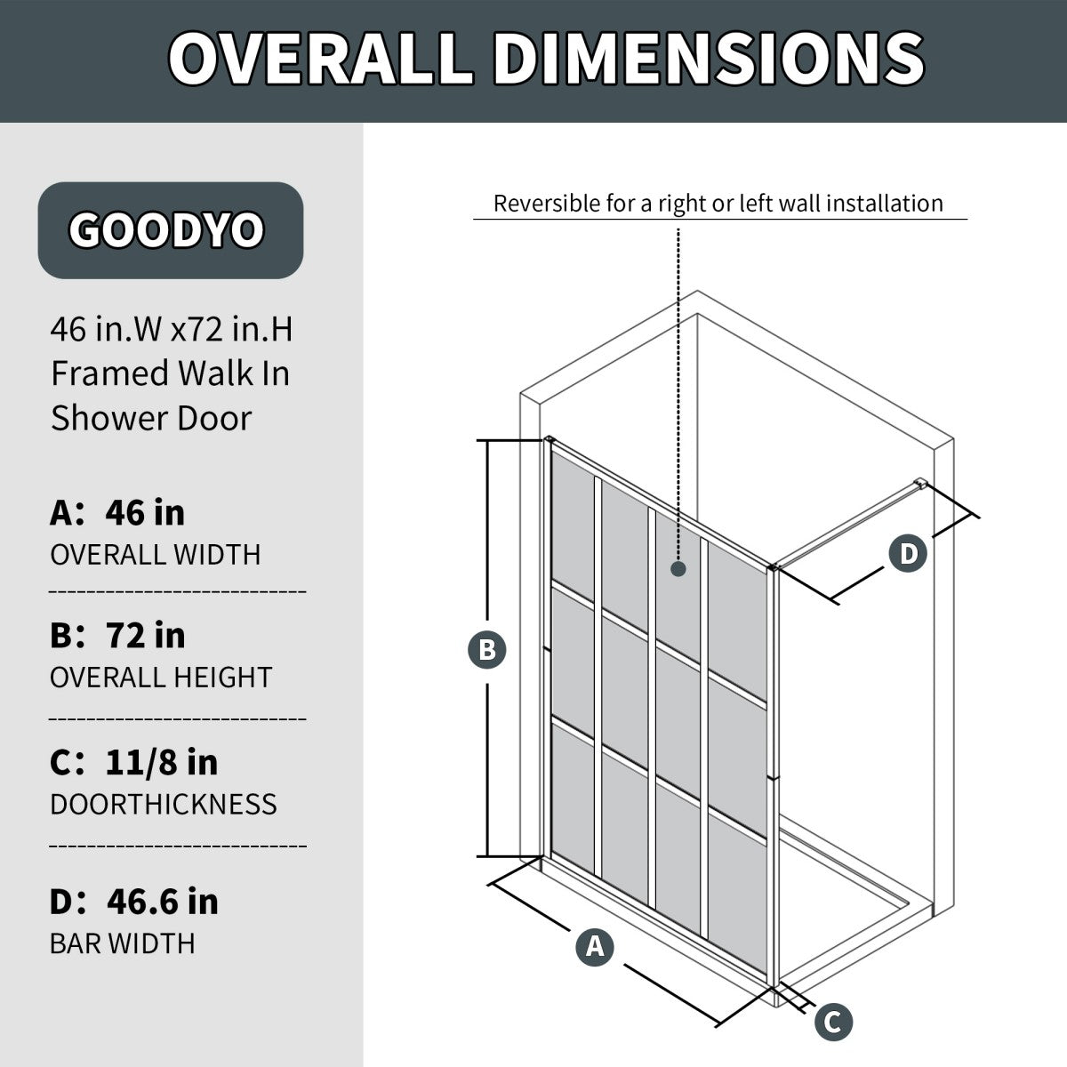 Atlas 46" X 72" Black Shower Door Clear Tempered Glass Framed Shower Screen Walk-in,Corner shower door - ExBriteUSA