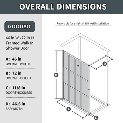 Atlas 46" X 72" Black Shower Door Clear Tempered Glass Framed Shower Screen Walk-in,Corner shower door - ExBriteUSA