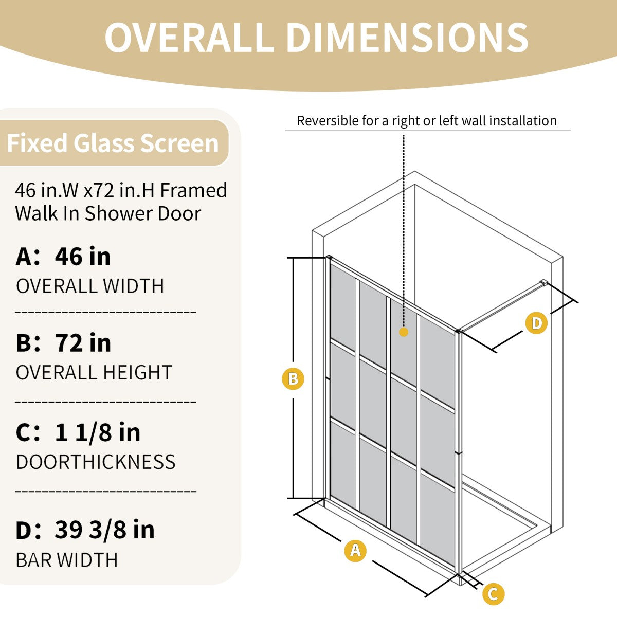 Atlas 46" X 72" Black Shower Door Clear Tempered Glass Framed Shower Screen Walk-in,Corner shower door