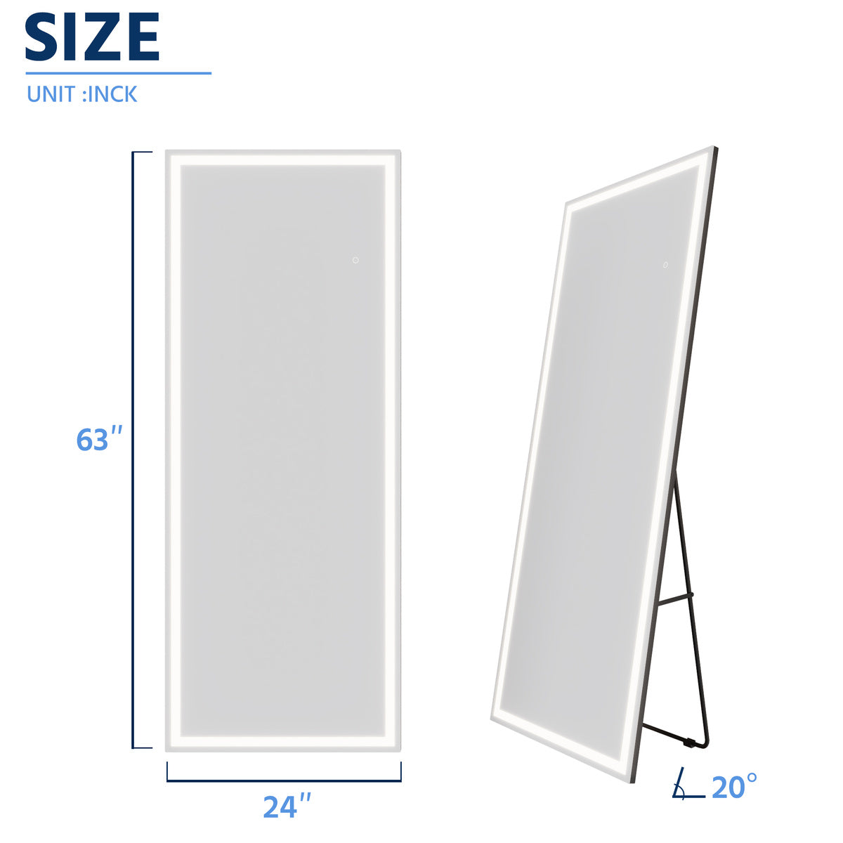 Nivor 63"x24" Dimmable LED Full-Length Floor Framed Mirror with Stand, 3-Color Lights & Wall-Mount Option