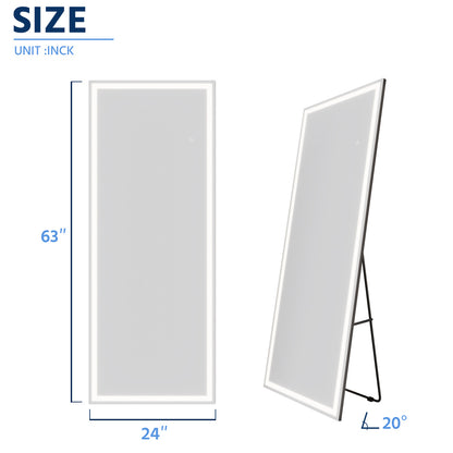 Nivor 63"x24" Dimmable LED Full-Length Floor Framed Mirror with Stand, 3-Color Lights & Wall-Mount Option