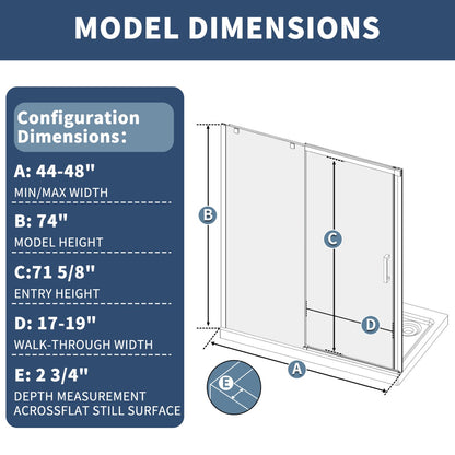 Lock Adjustable 44-48"W x 74"H Sliding Glass Shower Door with 8mm Clear Tempered Glass,Stainless Steel Hardware Brushed Gold,Rectangle Shower Door