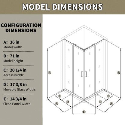 Haven 38" x 72" Matte Black Corner Shower Enclosure,6mm Clear Glass,Double Sliding Shower Doors,Not Base,Adjustable