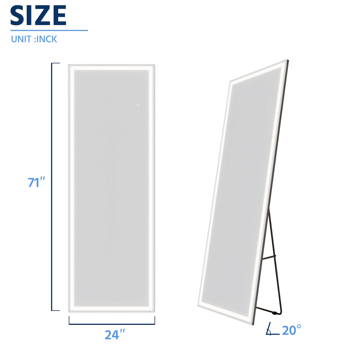Nivor 71"x24" Dimmable LED Full-Length Floor Framed Mirror with Stand, 3-Color Lights & Wall-Mount Option