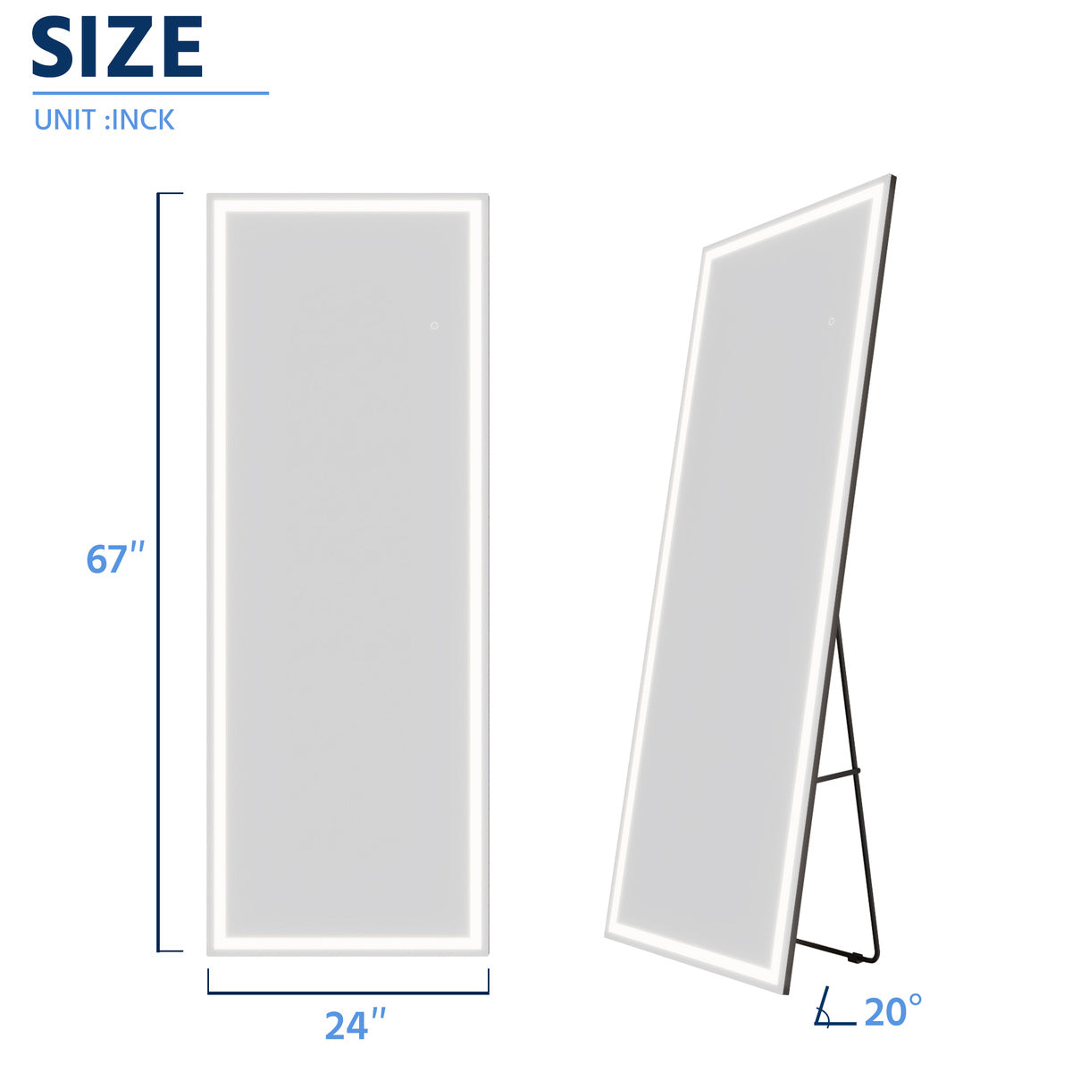 Nivor 67"x24" Dimmable LED Full-Length Floor Framed Mirror with Stand, 3-Color Lights & Wall-Mount Option