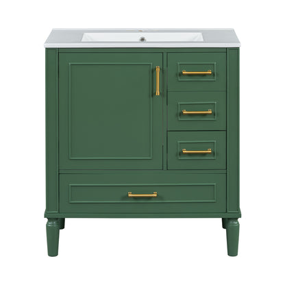Exbrite 30-Inch Green Bathroom Vanity with Ceramic Sink and Gold Hardware