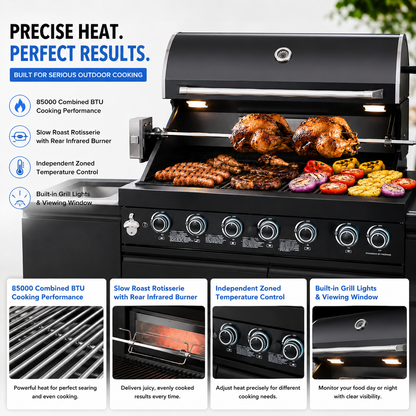 Outdoor Kitchen Island 114 Inch 6 Burner Propane Gas BBQ Grill 83500 BTU 304 Stainless Steel Black Color With CSA, ETL Certification + Sink + Refrigerator