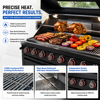 46-Inch 4-Burner 72000 BTU Deluxe Stainless Steel Gas Outdoor Kitchen Bar Barbecue Island Grill + Wine Cooler Compact Refrigerator + Rotisserie kit + Granite Countertops + Stainless steel Sink-85