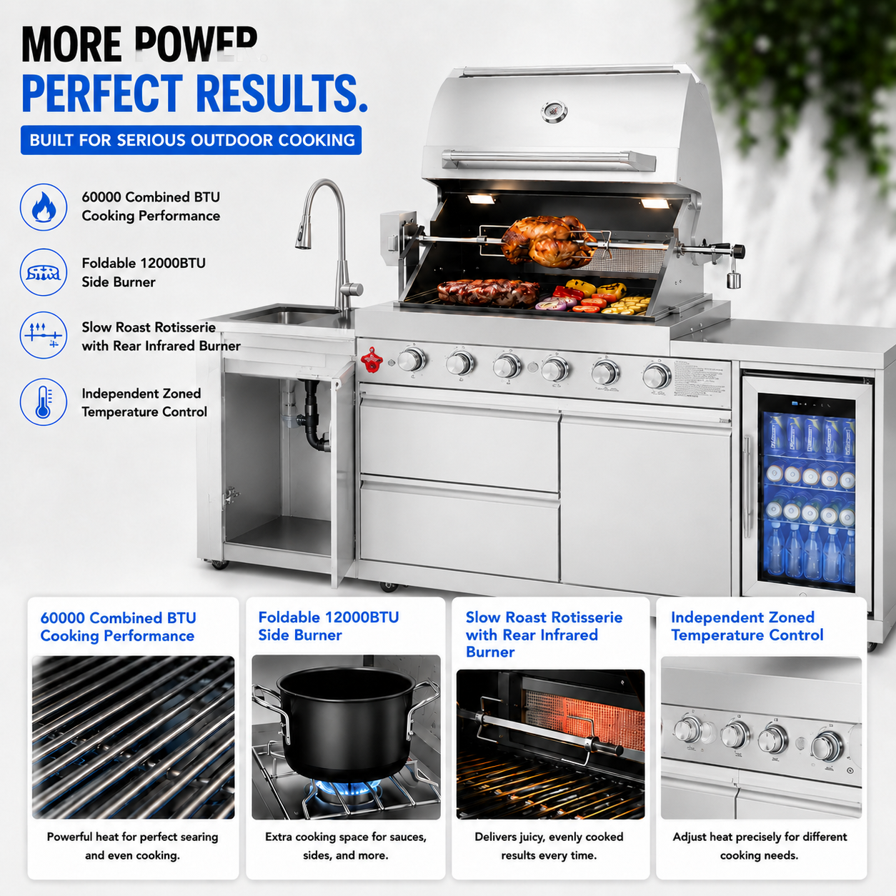 Outdoor Kitchen Island 85.2 Inch 4+1 Burner Propane Gas BBQ Grill 71500 BTU 304 Stainless Steel Silver Color With CSA, ETL Certification + Sink + Refrigerator + Bar Table