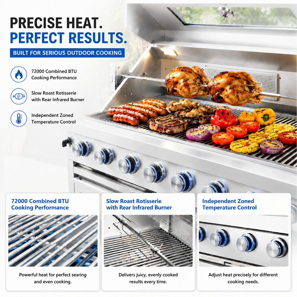 46-Inch 4-Burner 72000 BTU Deluxe Stainless Steel Gas Outdoor Kitchen Bar Barbecue Island Grill  + Wine Cooler Compact Refrigerator + Rotisserie + Granite Countertops + Storage Cabinets & Drawers