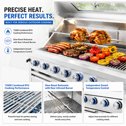 46-Inch 4-Burner 72000 BTU Deluxe Stainless Steel Gas Outdoor Kitchen Bar Barbecue Island Grill  + Wine Cooler Compact Refrigerator + Rotisserie + Granite Countertops + Storage Cabinets & Drawers
