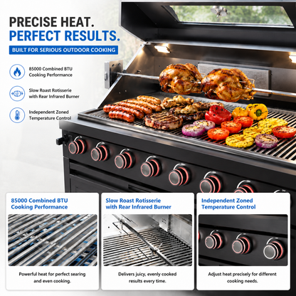43-Inch 6-Burner 85000 BTU Deluxe Stainless Steel Gas Outdoor Kitchen Bar Barbecue Island Grill + Wine Cooler Compact Refrigerator + Rotisserie kit + Granite Countertops + Stainless steel Sink
