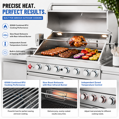 Outdoor Kitchen Island 82.5 Inch 6 Burner Propane Gas BBQ Grill 83500 BTU 304 Stainless Steel Silver Color With CSA, ETL Certification + Sink + Refrigerator