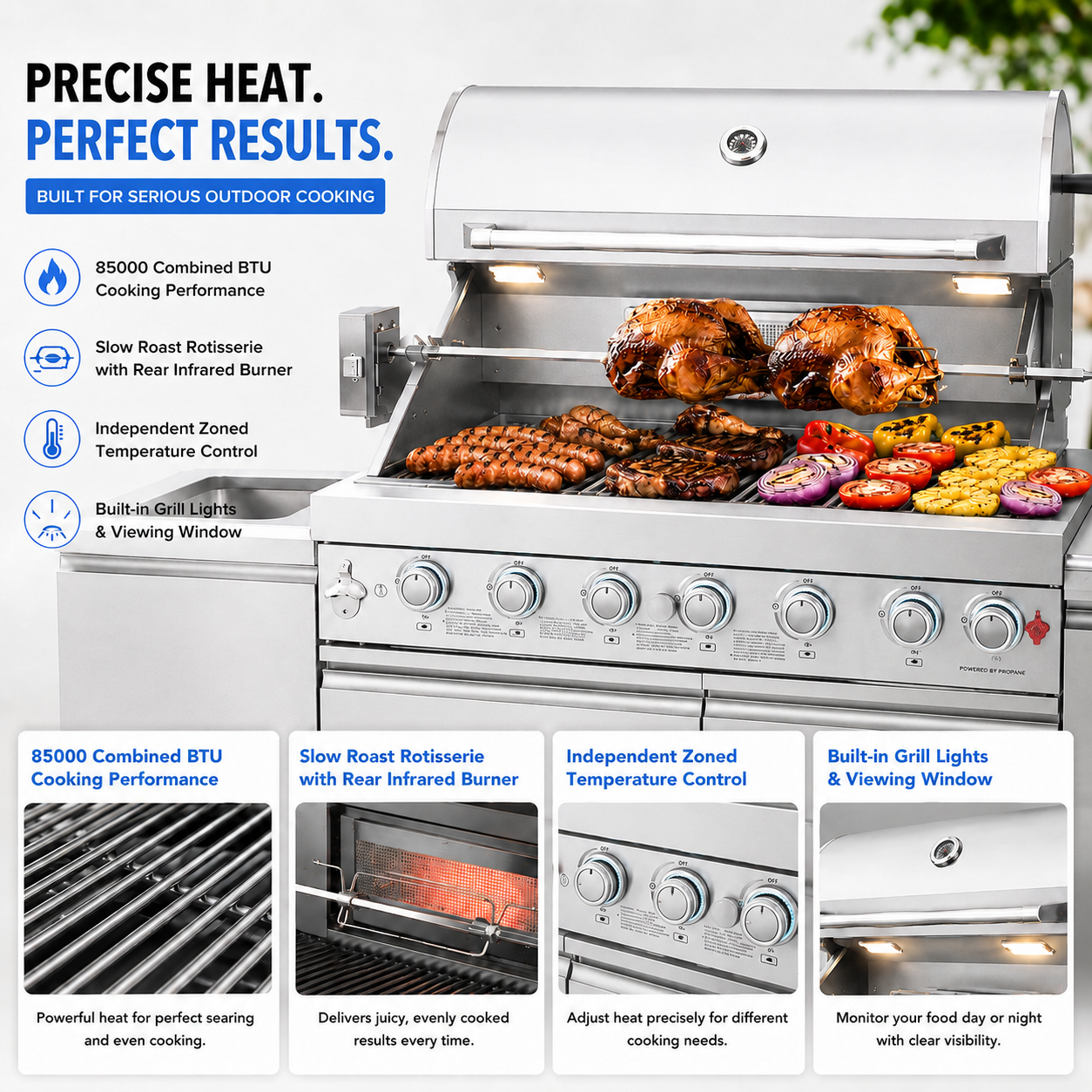 Outdoor Kitchen Island 102.4 Inch 4 Burner Propane Gas BBQ Grill 59500 BTU 304 Stainless Steel Silver Color With CSA, ETL Certification + Sink + Refrigerator