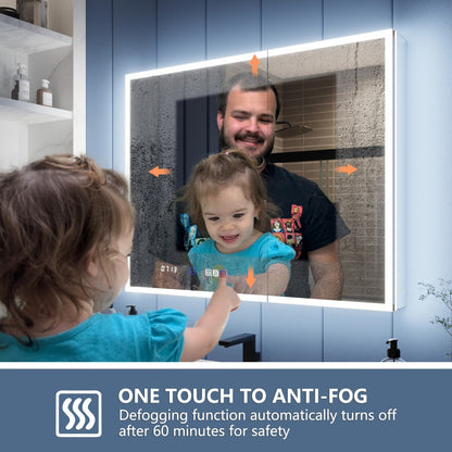 Person and child looking at a mirror with anti-fogging feature, showing defogged reflection.