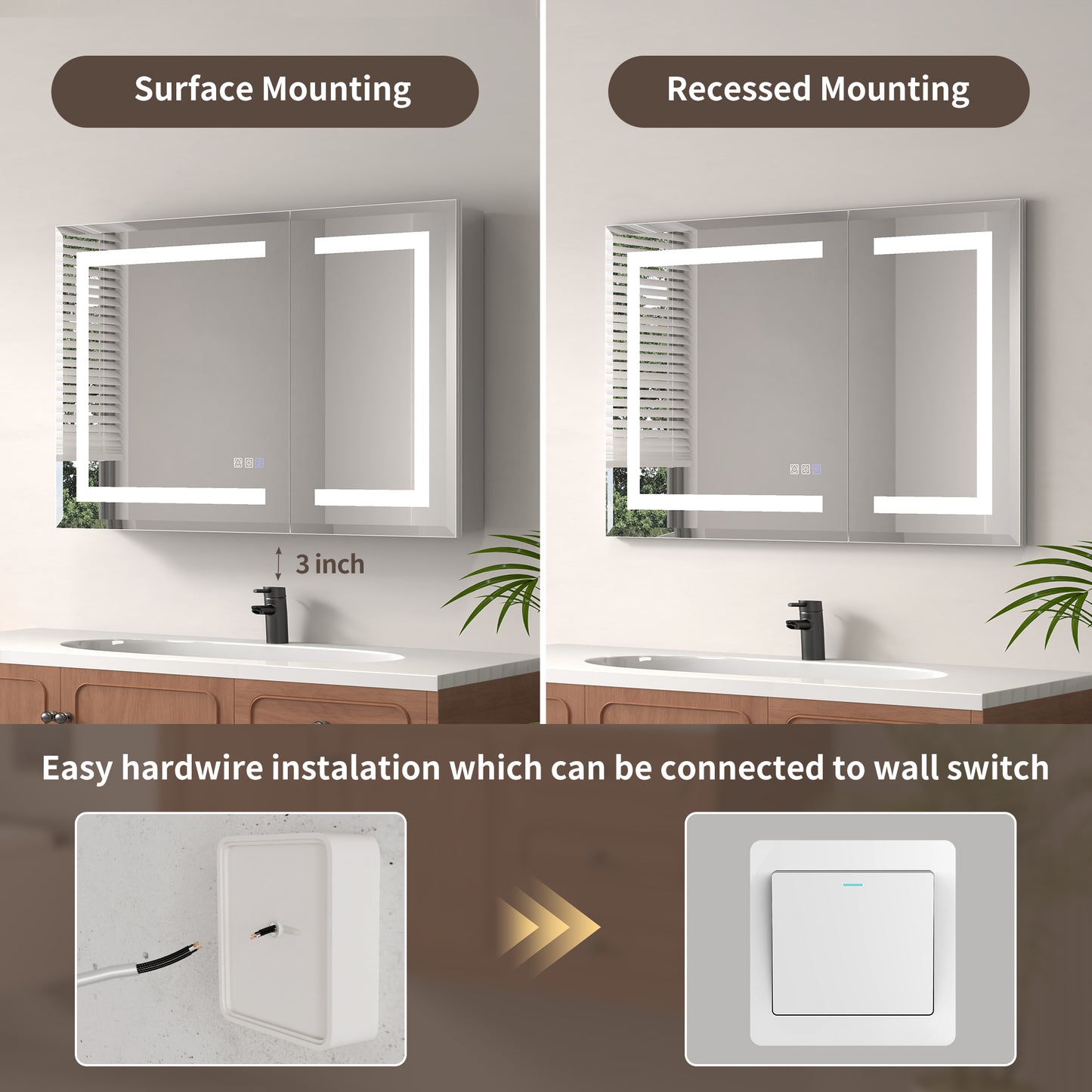 ExBrite 36" x 24" LED Lighted Medicine Cabinet with Adjustable Shelves, Anti-Fog, Beveled Design, Recessed or Surface Mount - ExBriteUSA
