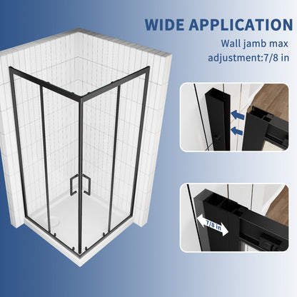 Haven 36" x 72" Matte Black Corner Shower Enclosure,6mm Clear Glass,Double Sliding Shower Doors,Not Base,Adjustable