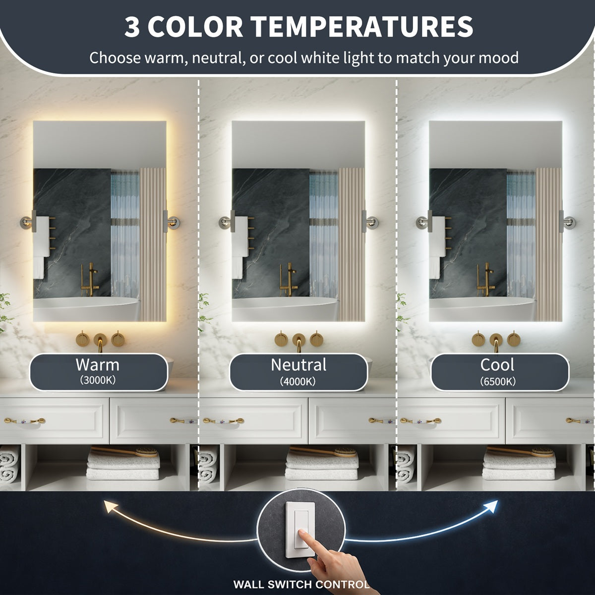24"x 36" Navi-pro  Frameless Rectangular 3-Color Backlit Pivoting LED Bathroom Mirror