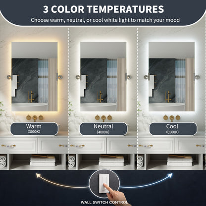 24"x 36" Navi-pro  Frameless Rectangular 3-Color Backlit Pivoting LED Bathroom Mirror