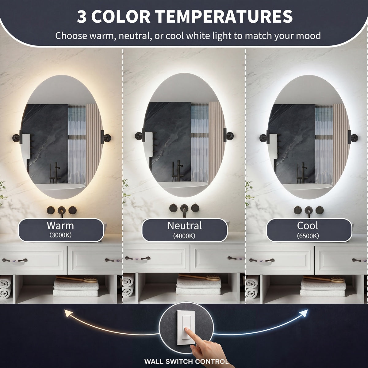 24"x 36" Navi-pro Frameless Oval 3-Color Backlit Pivoting LED Bathroom Mirror