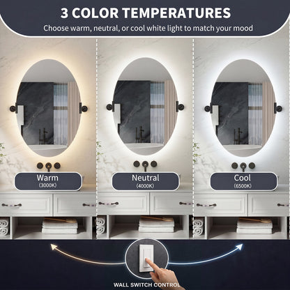 24"x 36" Navi-pro Frameless Oval 3-Color Backlit Pivoting LED Bathroom Mirror