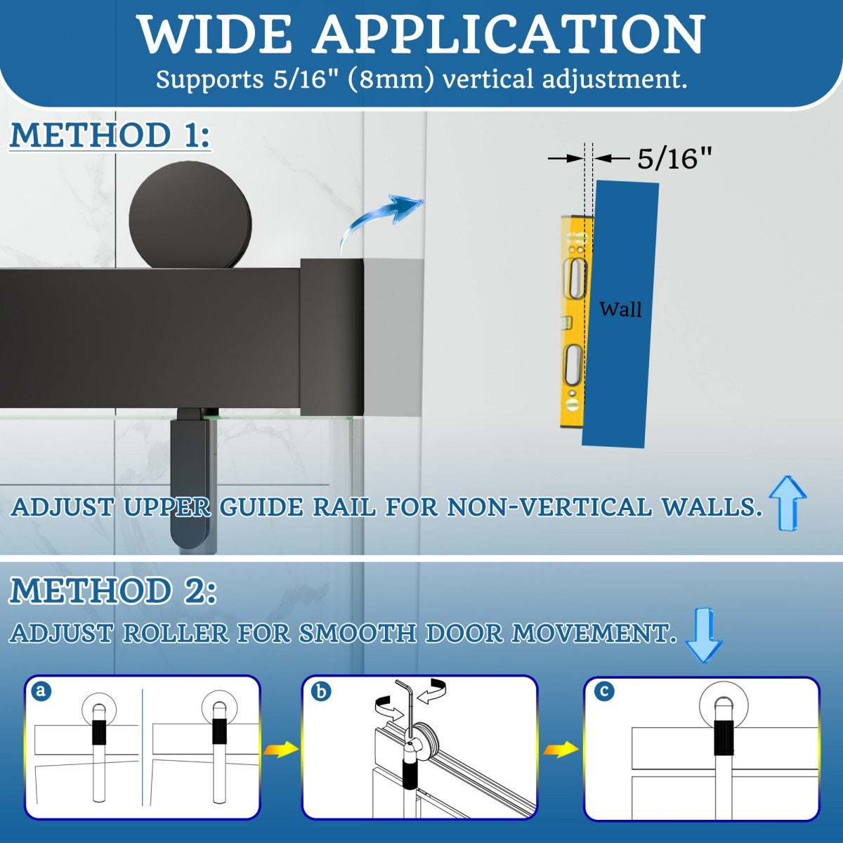 5/16" non-vertical wall adjustment guide for DIY installation, compensating for out-of-plumb walls with dual adjustment methods.
