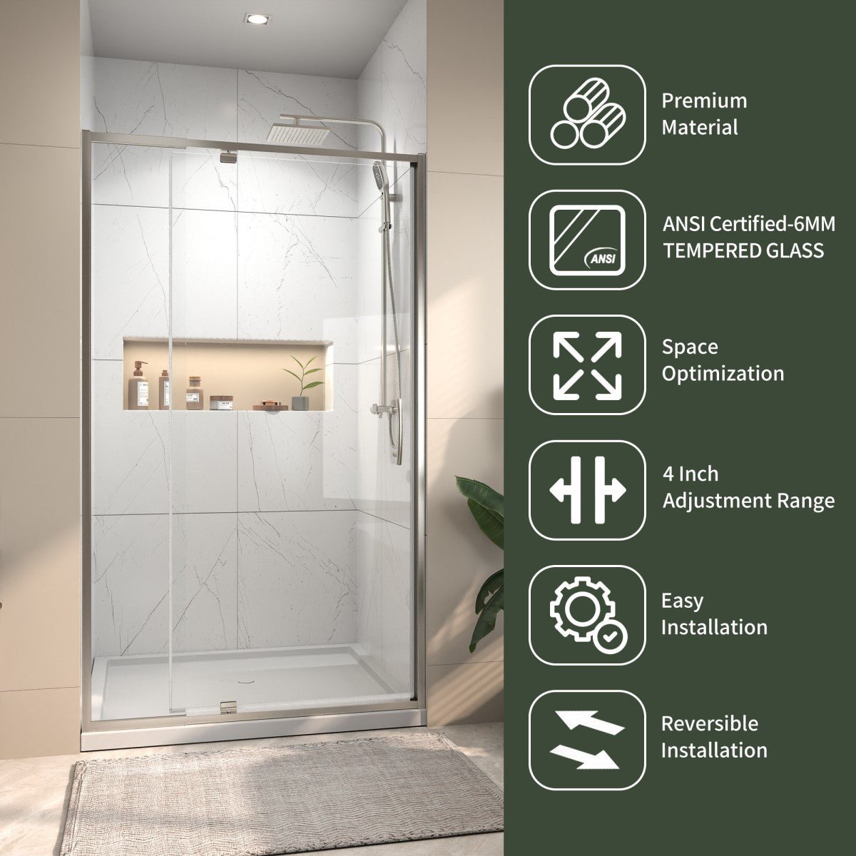 Flexi 38 - 42"x71" Frameless Shower Door in Brushed Nickel,Tempered Glass with Seal Strip Parts and Handle,6mm Glass Shower Door