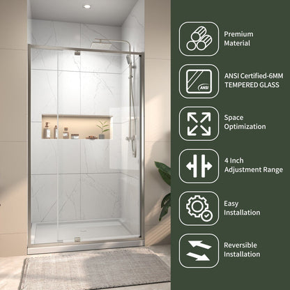 Flexi 38 - 42"x71" Frameless Shower Door in Brushed Nickel,Tempered Glass with Seal Strip Parts and Handle,6mm Glass Shower Door