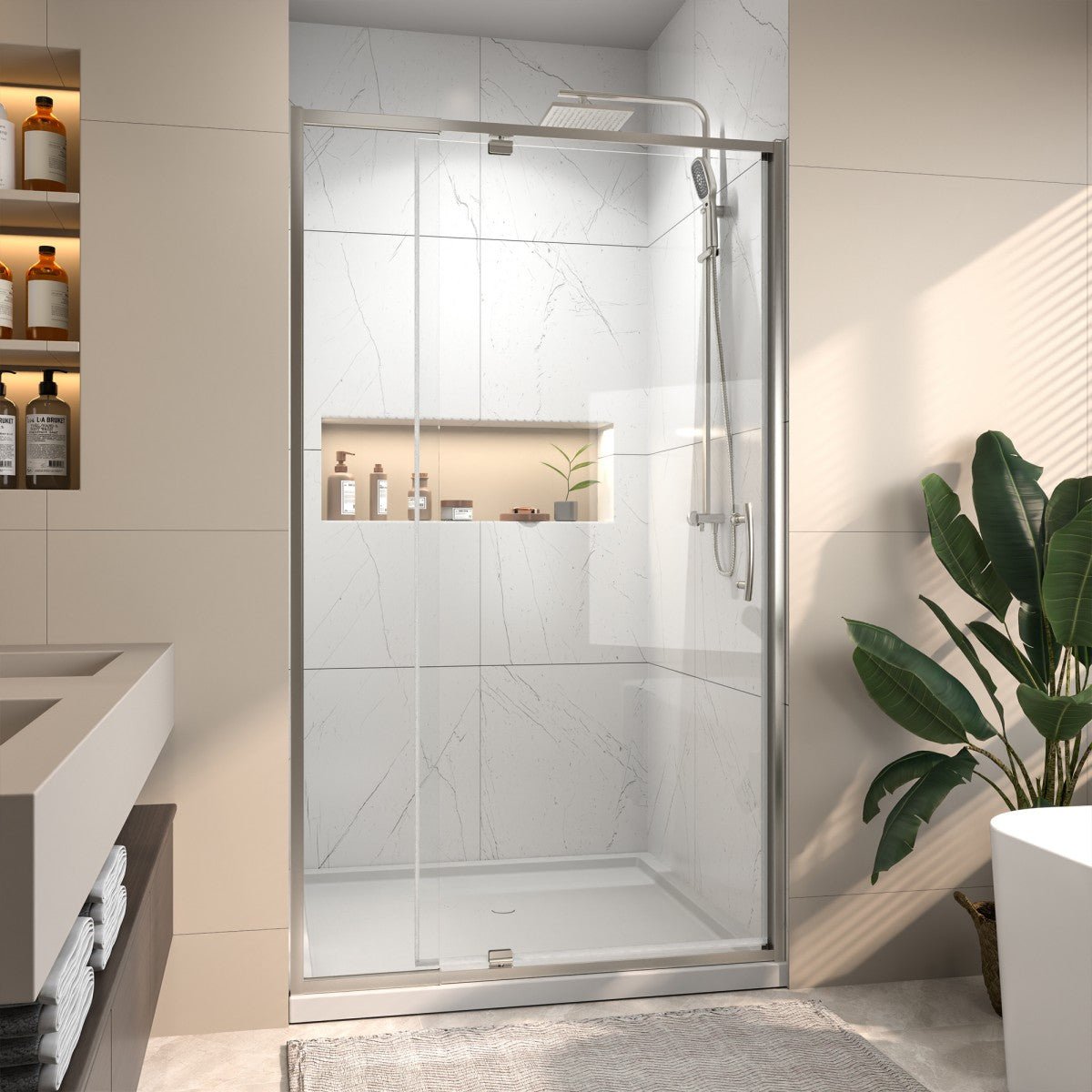 Flexi 38 - 42"x71" Frameless Shower Door in Brushed Nickel,Tempered Glass with Seal Strip Parts and Handle,6mm Glass Shower Door