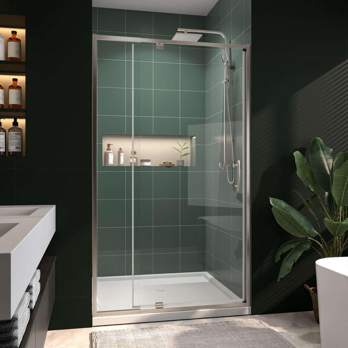Flexi 38 - 42"x71" Frameless Shower Door in Brushed Nickel,Tempered Glass with Seal Strip Parts and Handle,6mm Glass Shower Door