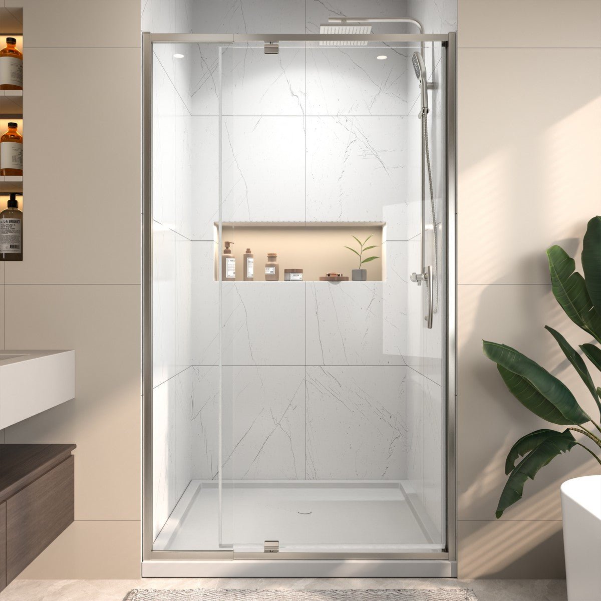 Flexi 38 - 42"x71" Frameless Shower Door in Brushed Nickel,Tempered Glass with Seal Strip Parts and Handle,6mm Glass Shower Door