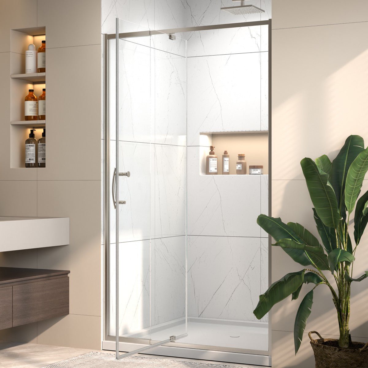 Flexi 38 - 42"x71" Frameless Shower Door in Brushed Nickel,Tempered Glass with Seal Strip Parts and Handle,6mm Glass Shower Door