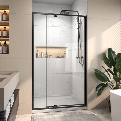 Flexi 38 - 42"x71" Frameless Shower Door in Matte Black,Tempered Glass with Seal Strip Parts and Handle,6mm Glass Shower Door