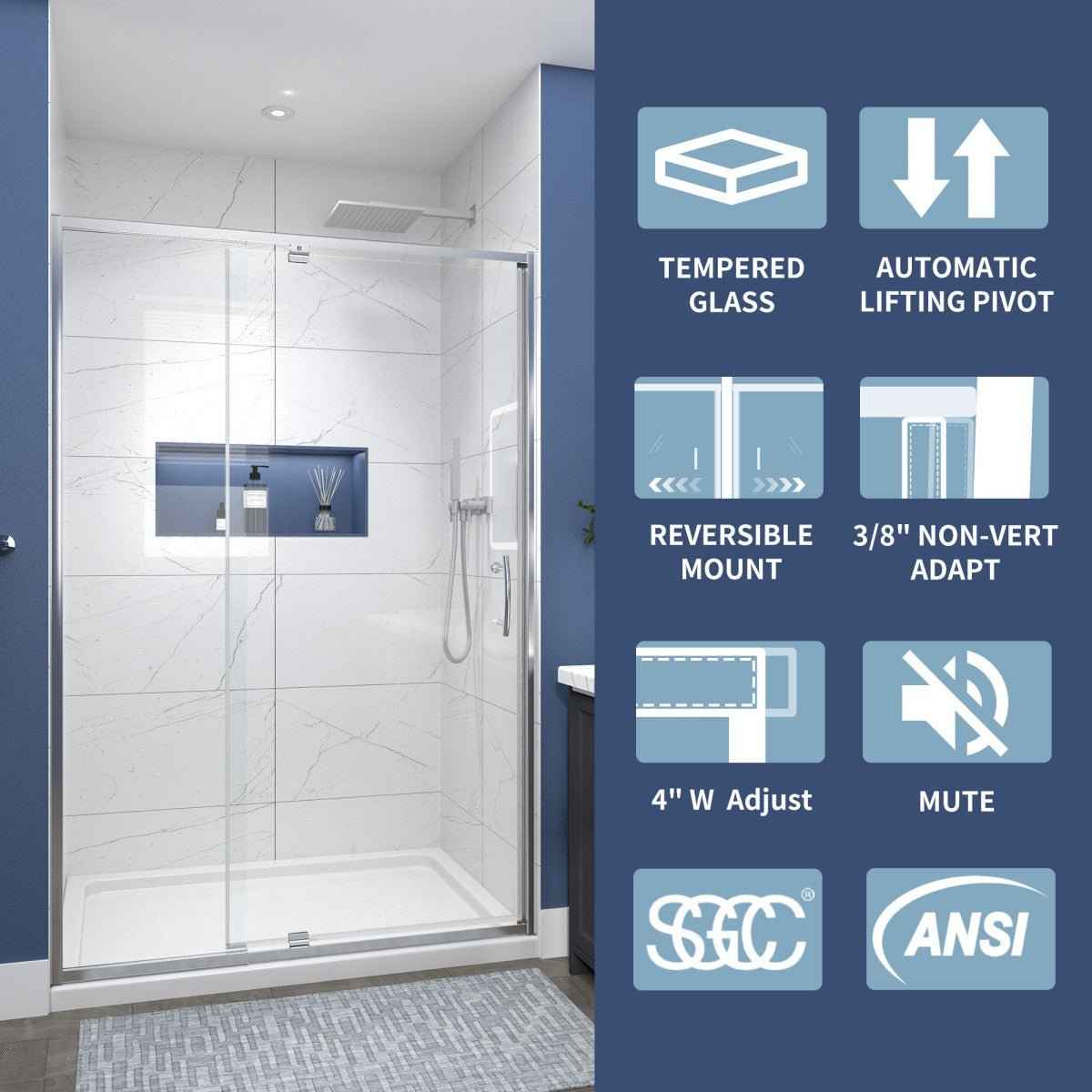 Flexi 44–48 in. W × 71 in. H Shower Door in Chrome with 1/4 in. (6 mm) Textured Rain Glass for Privacy, Seal Strips and Handle