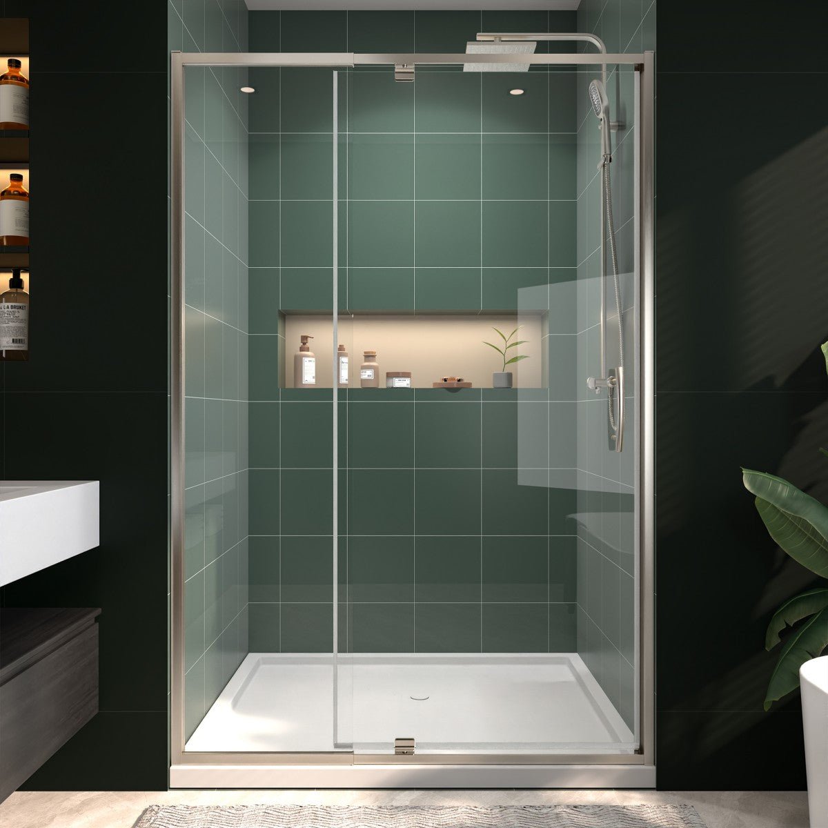 Flexi 44 - 48"x71" Frameless Shower Door in Chrome,Water Repellent Glass with Seal Strip Parts and Handle,6mm Glass Shower Door