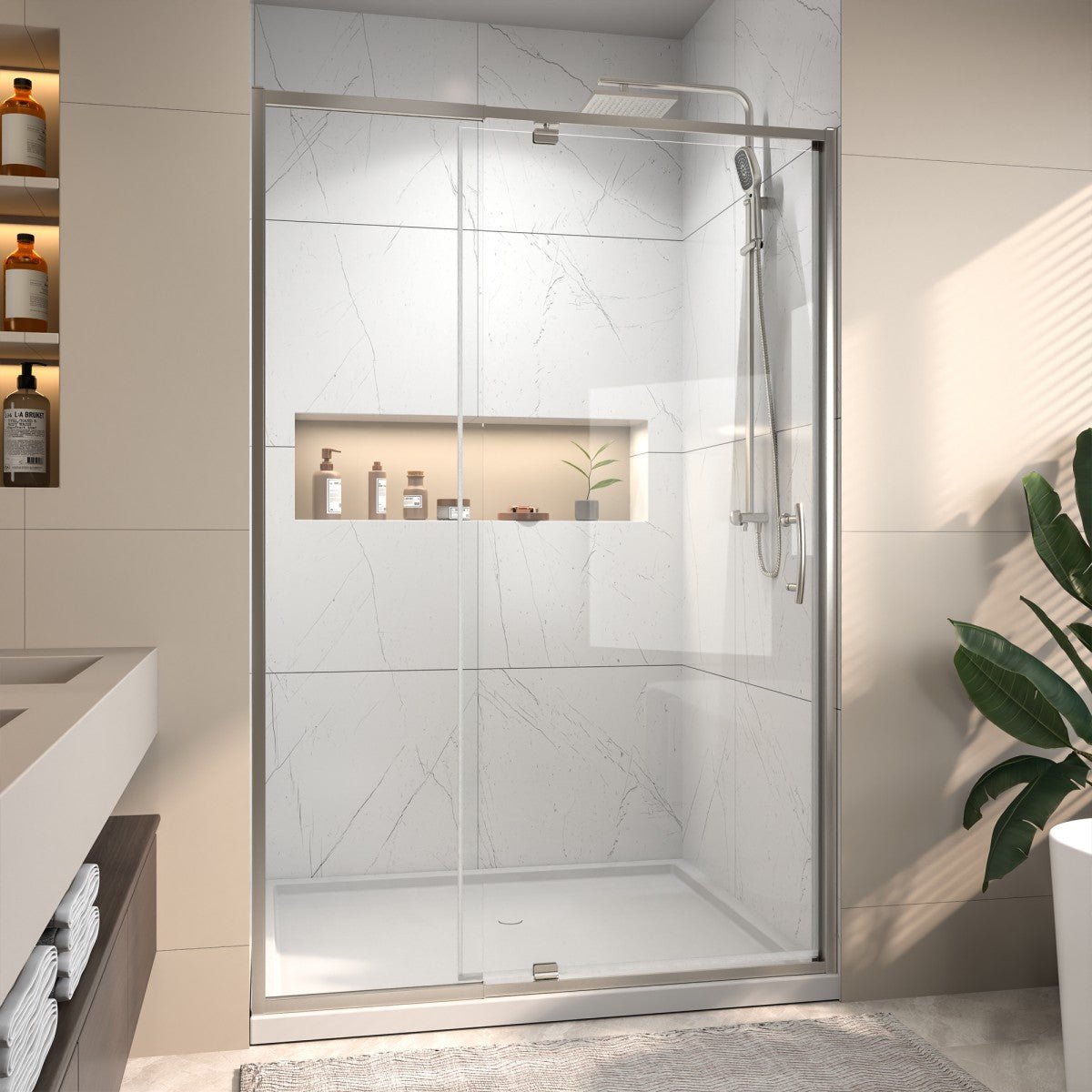 Flexi 44 - 48"x71" Frameless Shower Door in Chrome,Water Repellent Glass with Seal Strip Parts and Handle,6mm Glass Shower Door
