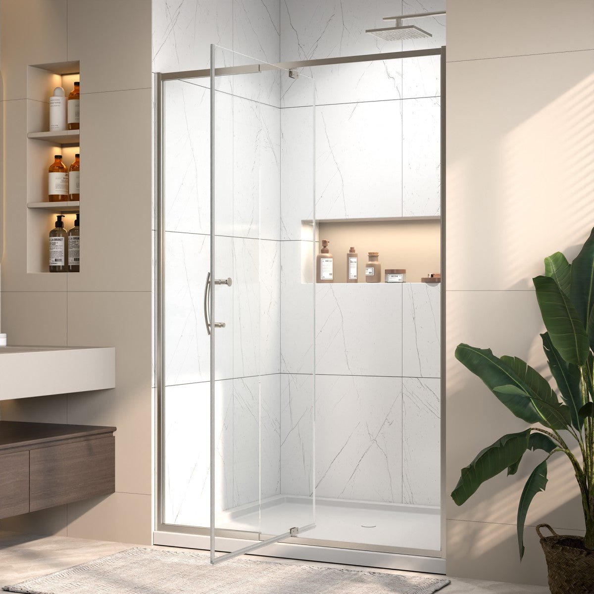 Flexi 44 - 48"x71" Frameless Shower Door in Chrome,Water Repellent Glass with Seal Strip Parts and Handle,6mm Glass Shower Door