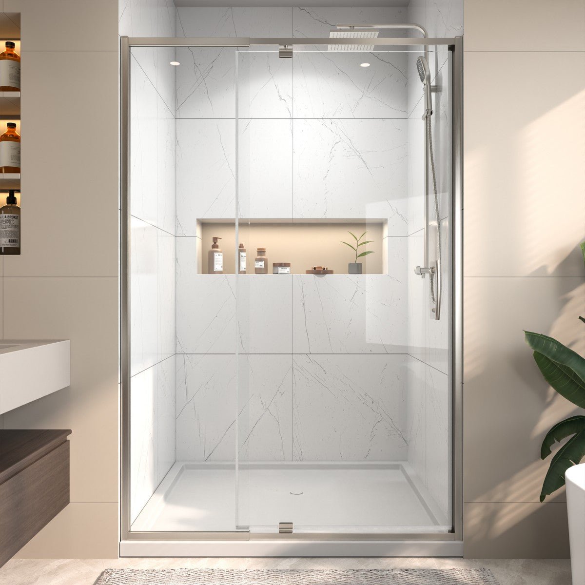 Flexi 44 - 48"x71" Frameless Shower Door in Chrome,Water Repellent Glass with Seal Strip Parts and Handle,6mm Glass Shower Door